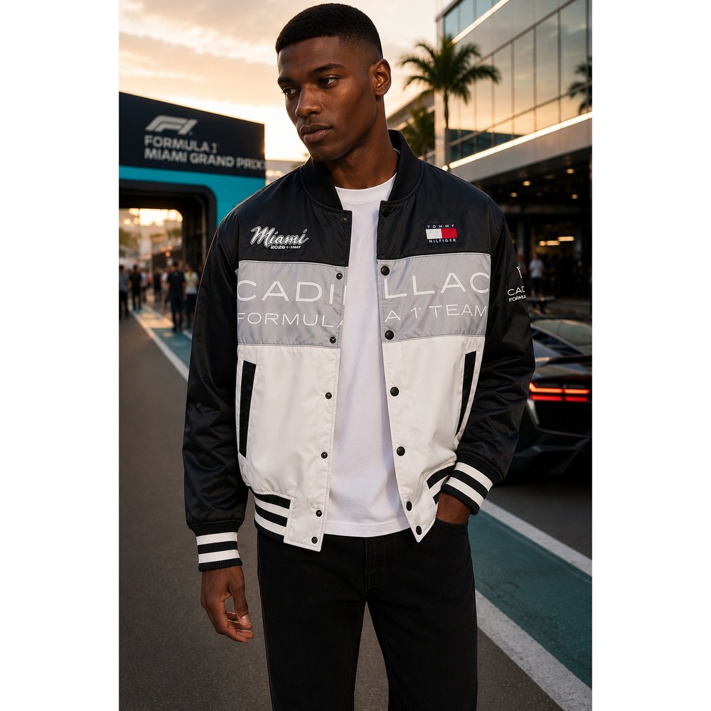 Tommy Hilfiger x Cadillac F1 Miami Varsity Jacket Mens Medium Black White New